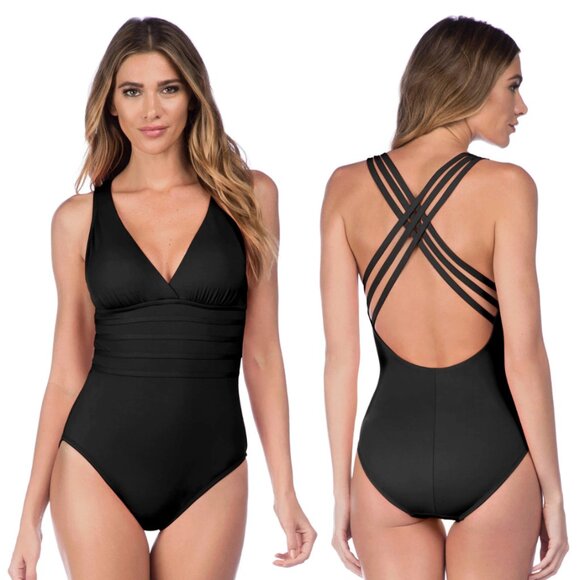 La Blanca Black V-Neck Strappy One Piece Swimsuit - Picture 1 of 8